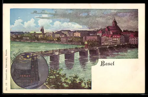 Künstler-AK Basel, Partie am Fluss, Kirche bei Nacht