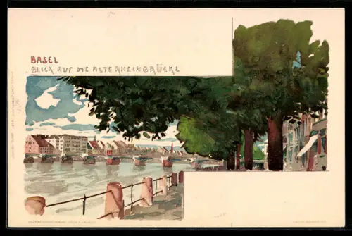 Künstler-AK Fritz Voellmy: Basel, Ansicht der alten Rheinbrücke