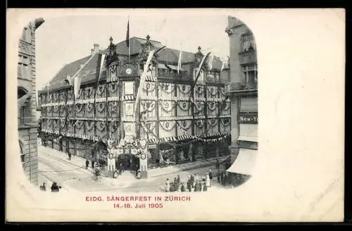 AK Zürich, Eidgen. Sängerfest 1905, Kaufhaus Jelmoli im Festschmuck