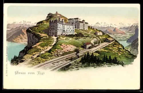 Lithographie Rigi, Ortsansicht, Rigi-Bahn