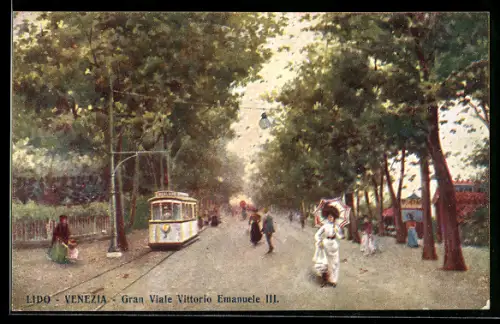 AK Venezia, Strassenbahn, Lido, Gran Viale Vittorio Emanuele III.