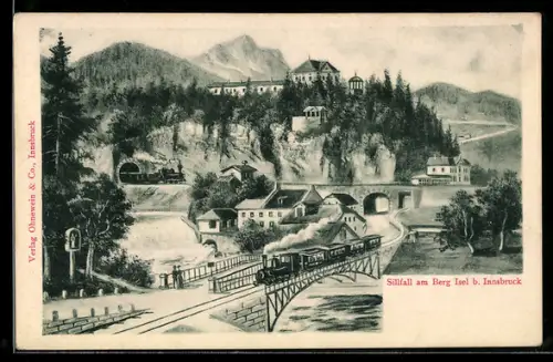 Künstler-AK Innsbruck, Sillfall am Berg Isel, Eisenbahn