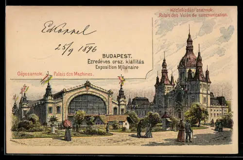 Lithographie Budapest, Exposition Millenaire, Palais des Machines, Ausstellung