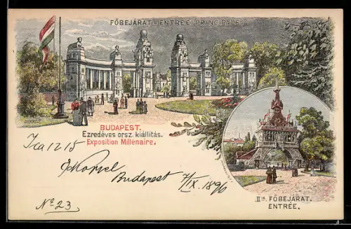 Lithographie Budapest, Exposition Millenaire 1899, Föbejarat, Entree, Ausstellung