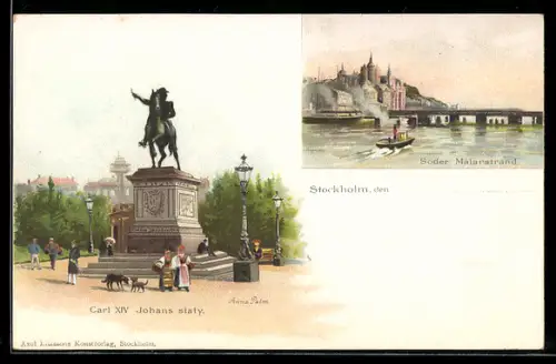 Künstler-AK Stockholm, Söder Mälarstrand, Carl XIV Johans staty