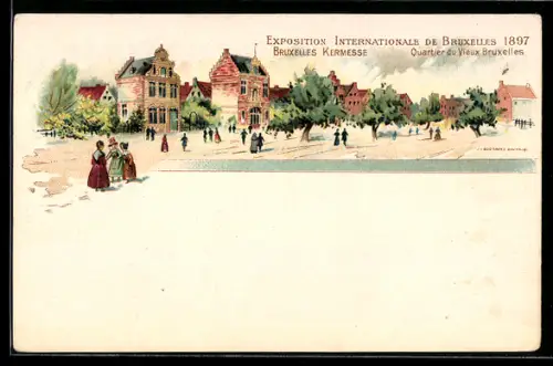 Lithographie Bruxelles, Exposition Internationale 1897, Quartier du Vieux