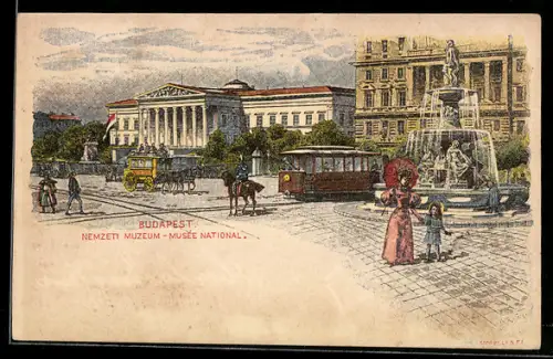 Künstler-AK Budapest, Strassenbahn am National-Museum
