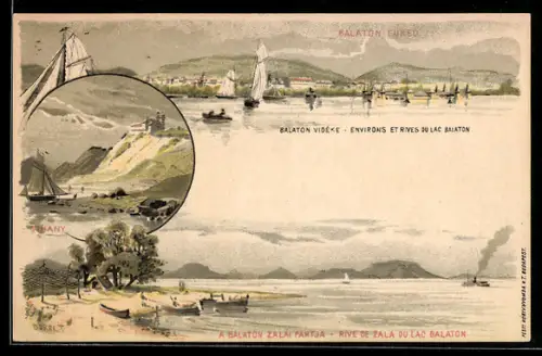 Lithographie Balaton-Füred, Drei Motive vom Plattensee