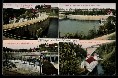 AK Marklissa, Elektr. Kraftzentrale, Wassersturz am Abfallschacht, Sperrmauer mit Restaurant
