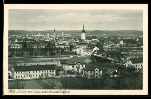 AK Wels, Ortsansicht mit Traunbrücke und Aigen