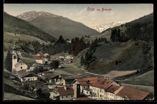 AK Gries am Brenner, Panorama mit Kirche und Bergen