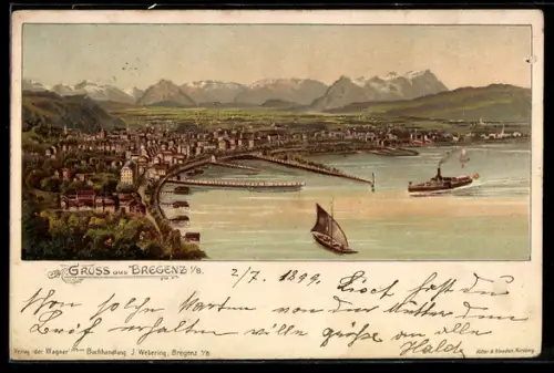 Lithographie Bregenz i. B., Blick auf den Ort mit Hafen, Dampfer, Boote und Bergpanorama