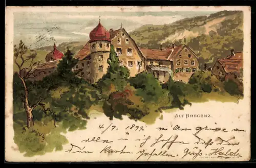 Künstler-Lithographie Carl Biese: Alt Bregenz, Panorama