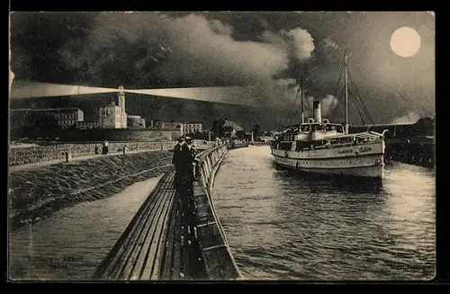 AK Kolberg, Abend im Hafen, Leuchtturm, Dampfschiff