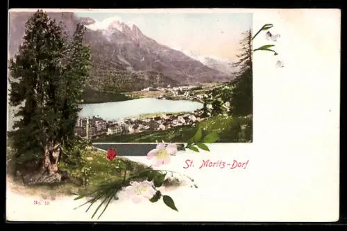 AK St. Moritz-Dorf, Ortsansicht mit Blick auf das Hochgebige, Passepartout mit Rosen