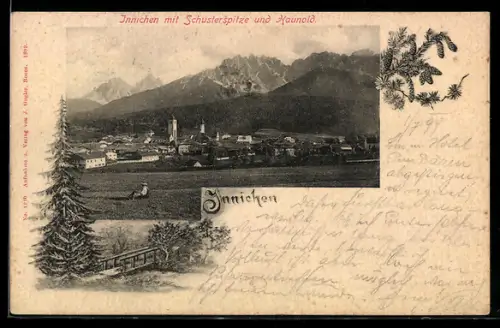 AK Innichen, Ortsansicht mit Schusterspitze und Haunold