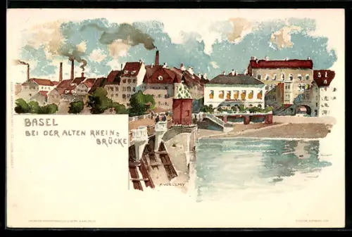 Künstler-AK Fritz Voellmy: Basel, Partie an der alten Rheinbrücke