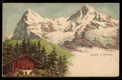 Künstler-AK Eiger, Blick auf die Gipfel von Eiger und Mönch