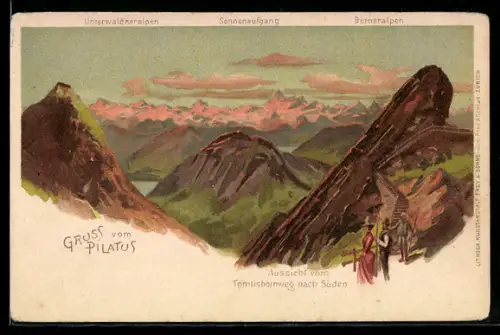 Lithographie Pilatus, Aussicht vom Tomlishornweg nach Süden, Unterwaldneralpen, Sonnenaufgang, Berneralpen