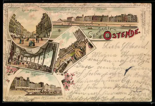 Lithographie Ostende, Vue prise de l`Estacade, Rue de Flandre, Le Kursaal, Vue vers le palais du roi