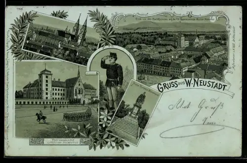 Mondschein-Lithographie Wiener Neustadt, Blick von den Pfarrtürmen auf die K. k. Theresianische Militär-Akademie