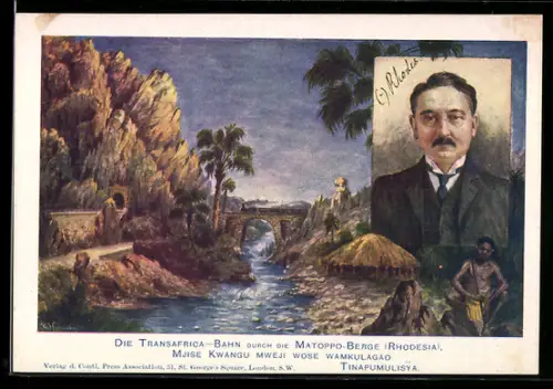 AK Transafrica-Bahn durch die Matoppo-Berge in Rhodesien mit Portrait von Cecil Rhodes
