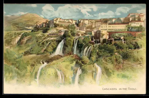 Lithographie Tivoli, Cascades, Wasserfälle unterhalb der Stadt