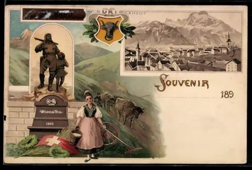 Lithographie Altdorf, Wilhelm Tell Denkmal, Bauer m. Ochsenpflug, Bauernmädchen, Suchard Cacao, Ortsansicht, Wappen Uri