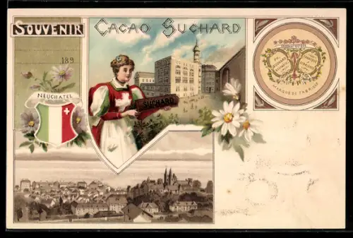 Lithographie Neuchatel, Reklame für Cacao Suchard, Blick zum Ort, Wappen