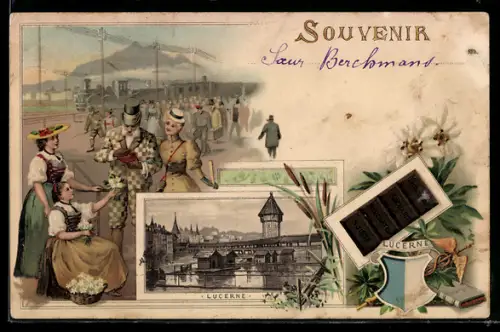 Lithographie Luzern, Kakao Suchard, Passantan am Bahnhof, Brückenpartie