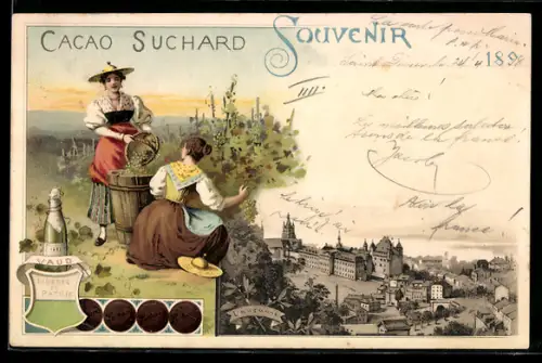 Lithographie Lausanne, Panorama, Cacao Suchard, Frauen bei der Weinlese, Wappen