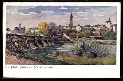 Künstler-AK Enns, Teilansicht mit Brücke über einen Fluss, Angler im Vordergrund, Deutscher Schulverein