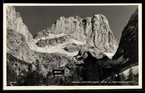 AK Rifugio Contrin, verso la Marmolade, Berghütte mit Gipfel