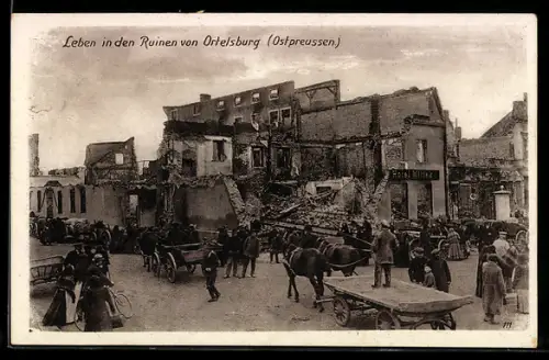 AK Ortelsburg, Leben in den Ruinen, Teilansicht des zerstörten Ortes