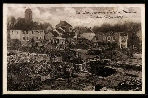 AK Domnau, das niedergebrannte Viertel am Marktplatz mit Trümmern