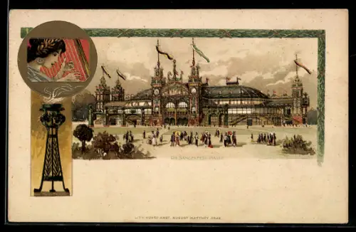 Lithographie Österreich, die festlich geschmückte Sängerfest-Halle, Harfenspielerin und eine ewige Flamme