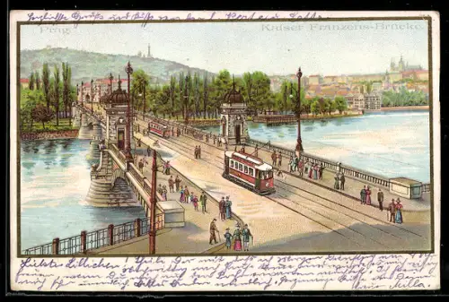 Künstler-AK Praha, Most cisare Frantiska mit Strassenbahn
