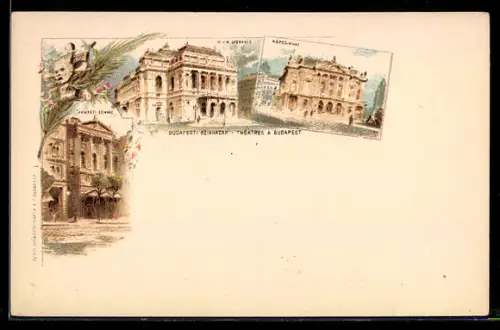 Lithographie Budapest, Szinhazak-Theater, Nepszinhaz Ungarn Wert 5 Filler