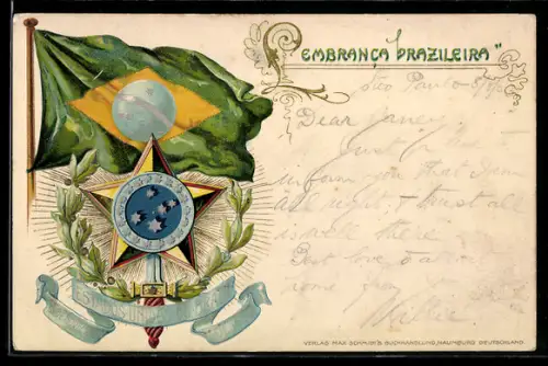 AK Brasilien, Lembranca Brazileira, Flagge und Wappen