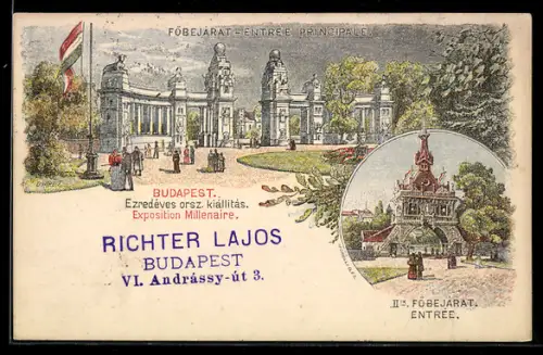 Lithographie Budapest, Exposition Millenaire 1899, Föbejarat, Entree, Ausstellung