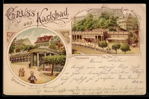 Lithographie Karlsbad, Schlossbrunnen, Felsenquelle