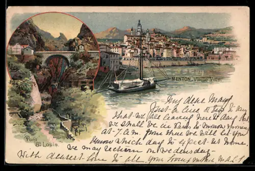 Lithographie Menton, Vieille Ville, Pont St. Louis