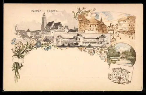 Lithographie Zagreb, Strassenpartie, Teilansicht