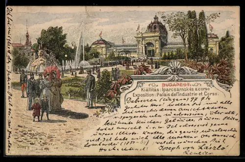 Künstler-AK Budapest, Exposition: Palais de l`Industrie et Corso, Ausstellung
