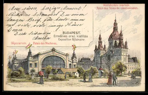 Lithographie Budapest, Exposition Millenaire, Palais des Machines, Ausstellung