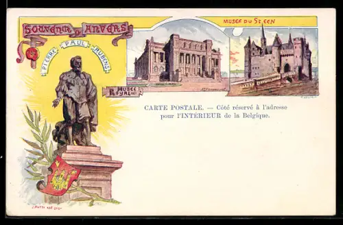 Künstler-AK Anvers, Statue Pierre Paul Rubens, Musée Royal, Musée du Steen