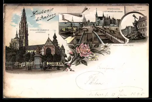 Vorläufer-Lithographie Anvers, 1895, Monument Rubens et Cathedrale & Pompe Salvius Brabo