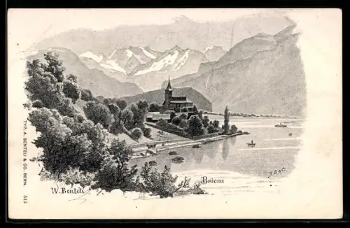 Künstler-AK Brienz, Ort und die Alpen im Hintergrund, um 1900