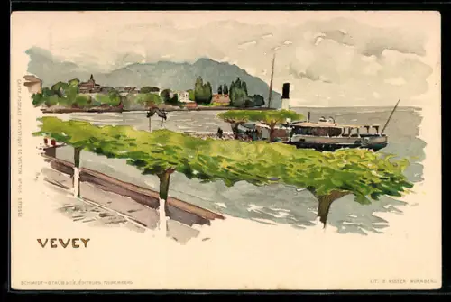 Künstler-AK Fritz Voellmy: Vevey, Dampfer passiert die Ortschaft