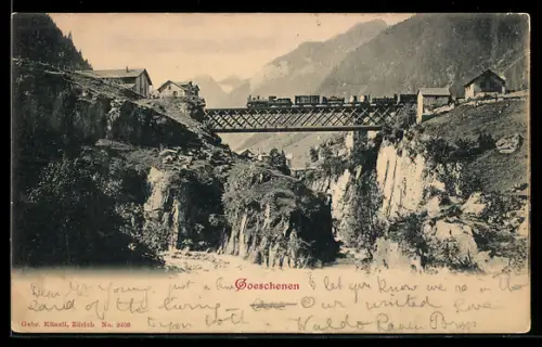 AK Goeschenen, Eisenbahnbrücke mit Lokomotive in den Bergen